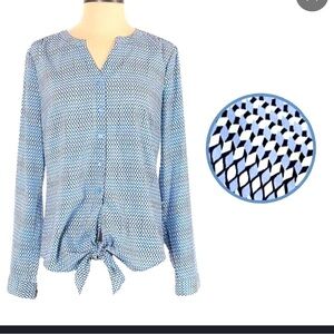 Talbots Blue Geometric Button Down Shirt great condition tie front